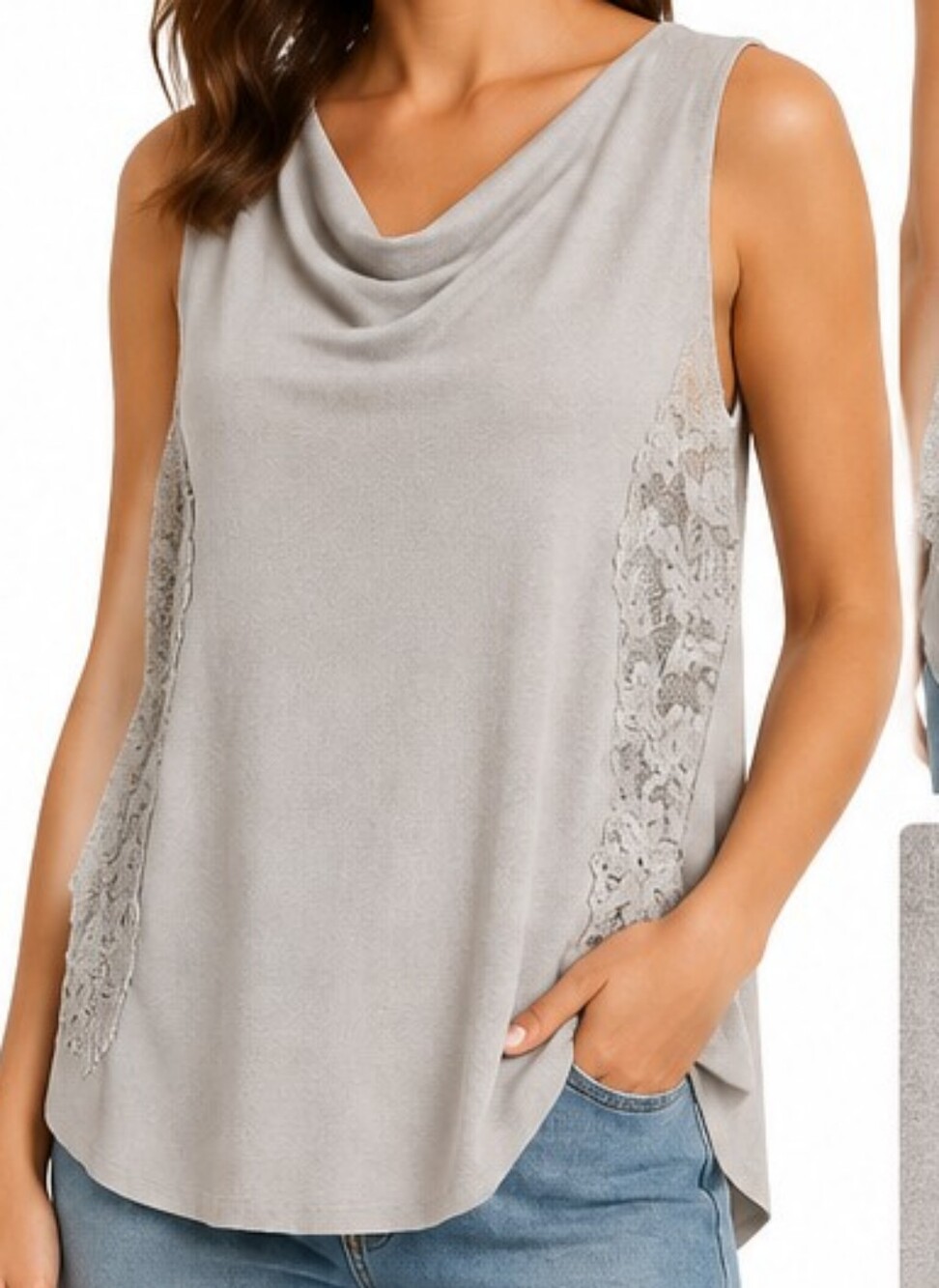 Women’s Lace-Trim✨️ Sleeveless Top - Light Gray XL Faux Suede Like New ($38)